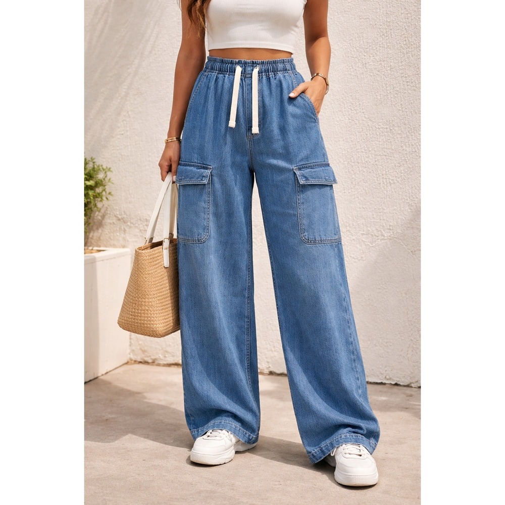 Gap High Rise Wide Leg Cargo Jeans Medium Wash Pull On Drawstring XS 870134-00